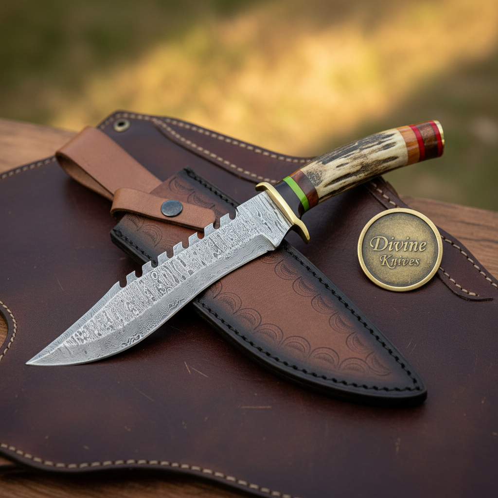Serrated Spine Bowie Knife with Stag Antler Handle and Hand Forged Layered Blade