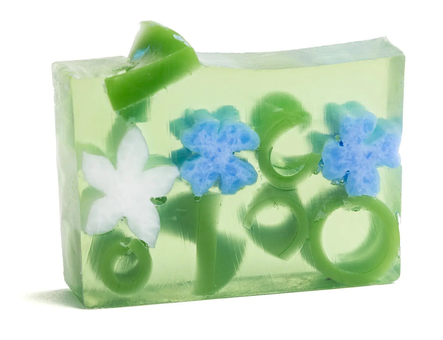 Forget-Me-Not Soap Slice with embedded white and blue flowers and green rings