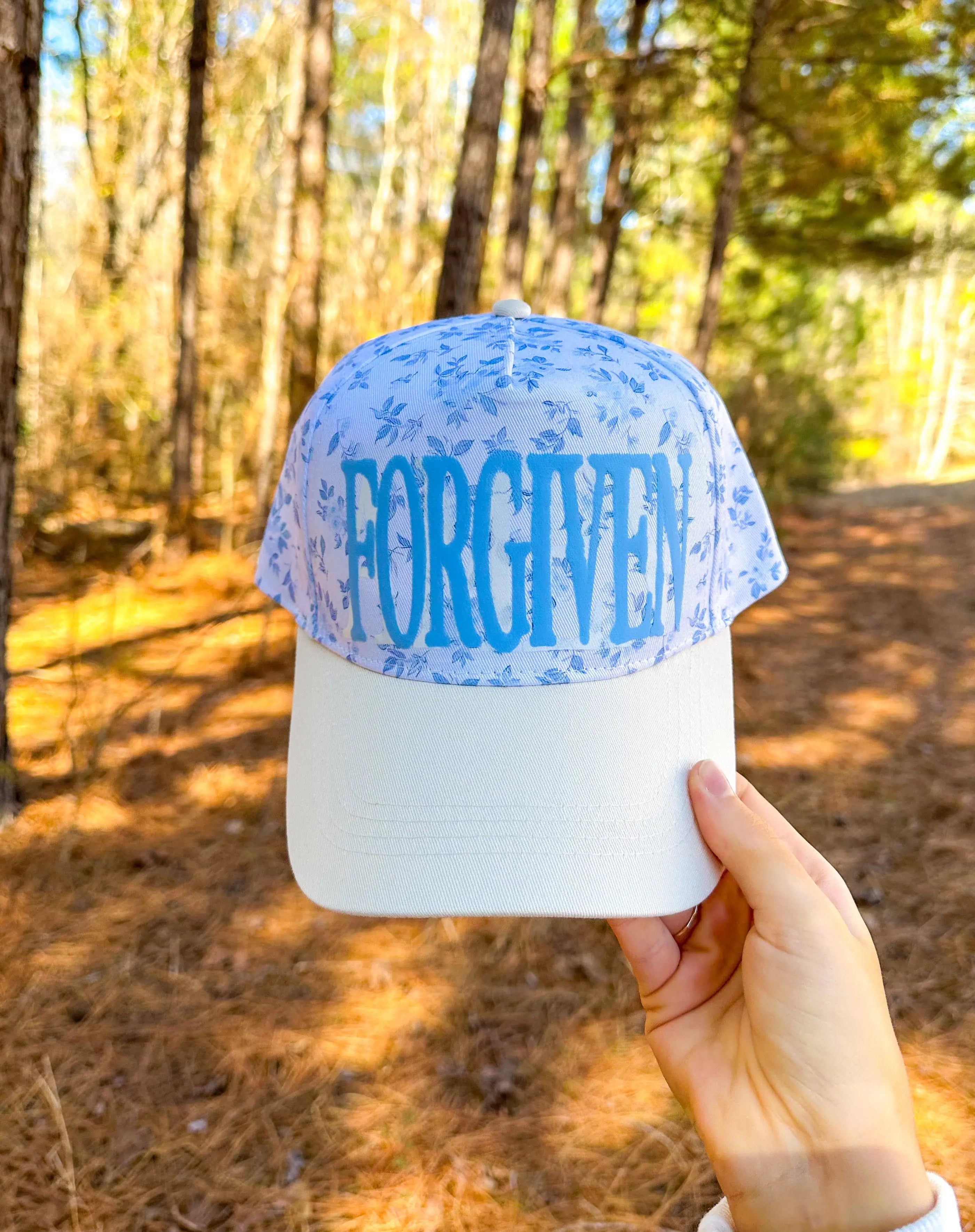 FORGIVEN Floral White/Light Blue Trucker Hat Southern Bliss Company