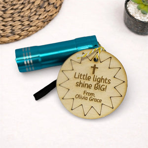 Faith Based Kids Flashlight Gift with Engraved Wooden Tag Poor Hog Customs