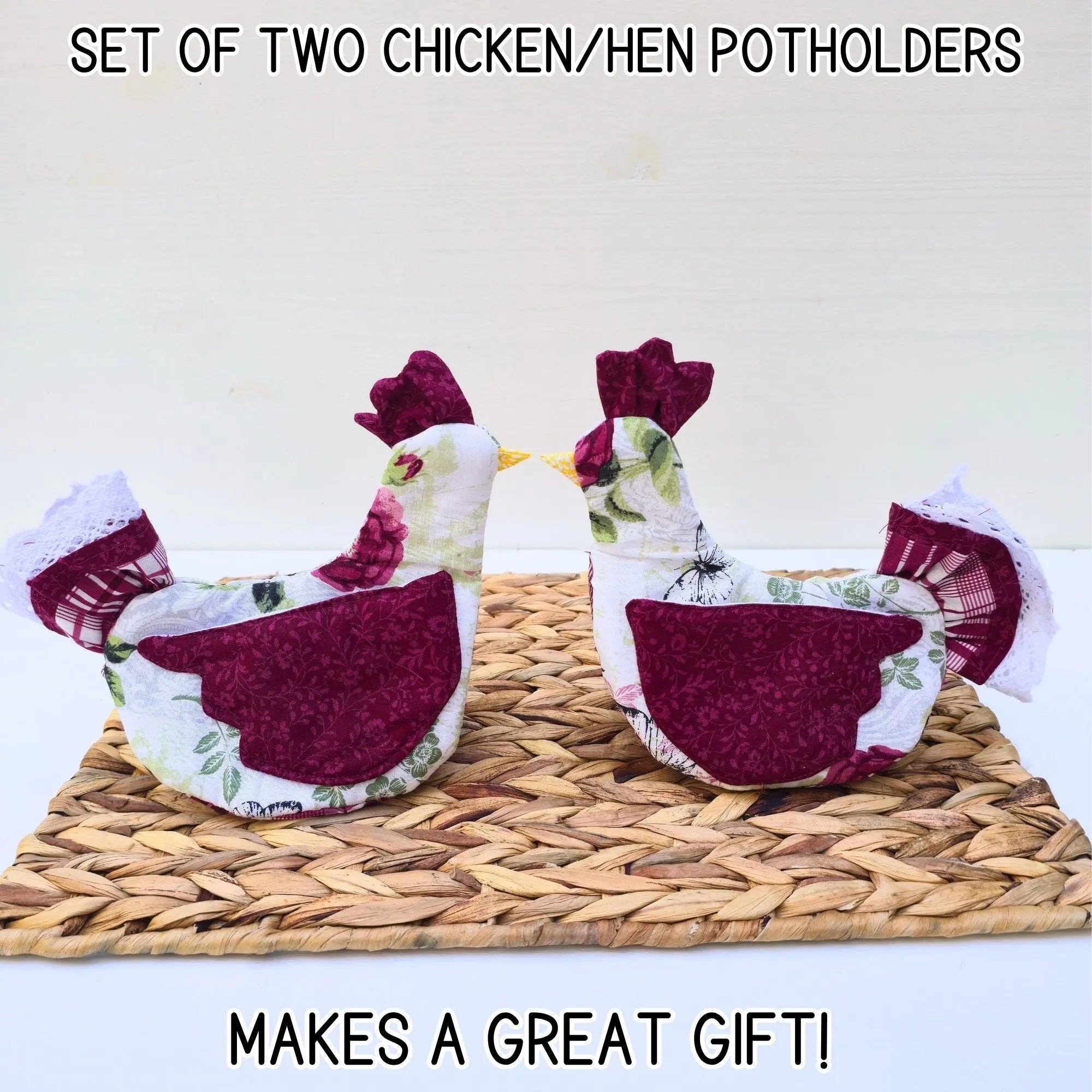 Farmhouse Chicken Pot Holders Set, Handmade Hen Hot Pads, Cottagecore Kitchen Decor, Cute Cooking Gift for Her Maypop House Designs