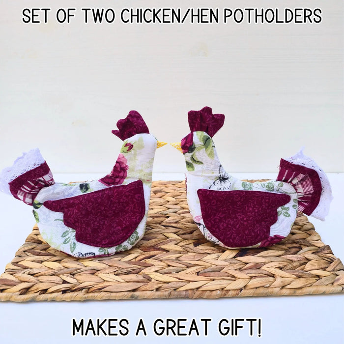 Farmhouse Chicken Pot Holders Set, Handmade Hen Hot Pads, Cottagecore Kitchen Decor, Cute Cooking Gift for Her