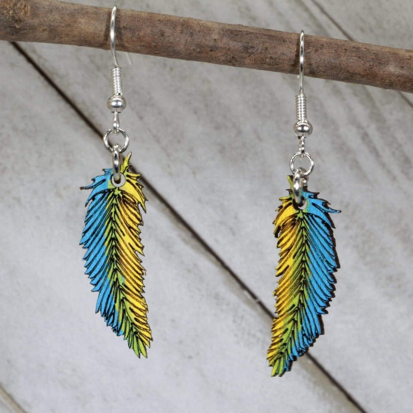 Feather Wooden Earrings | Blue Yellow Boho Jewelry