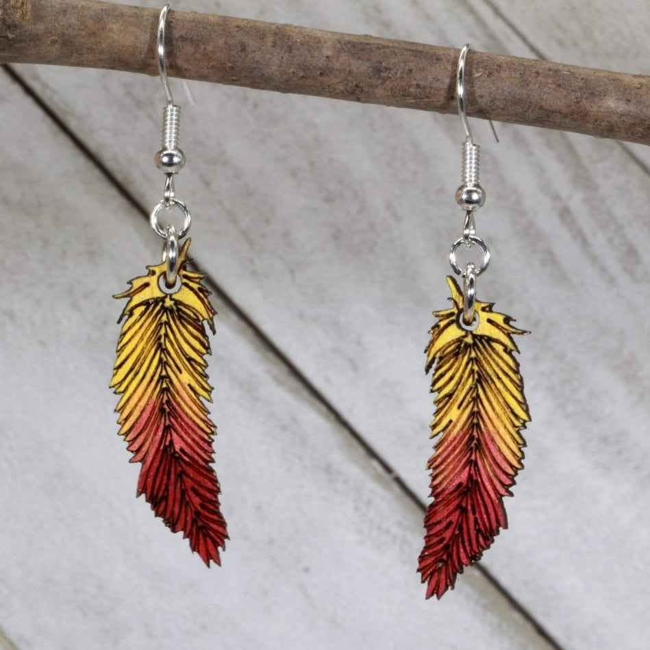 Feather Wooden Earrings | Red Yellow Boho Jewelry