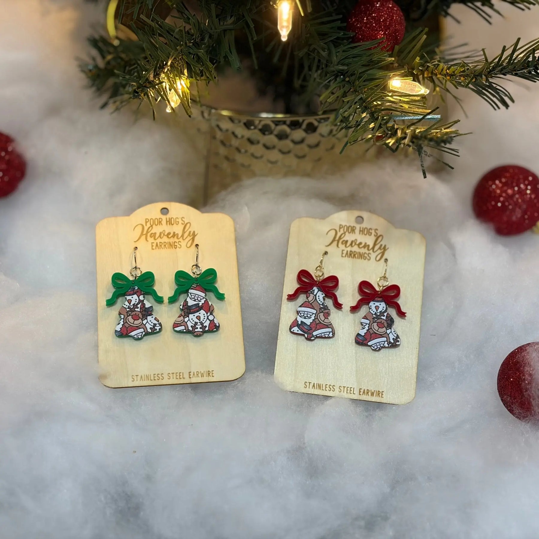 Festive Christmas Tree Earrings by Poor Hog Customs, handmade jewelry detail photo 3