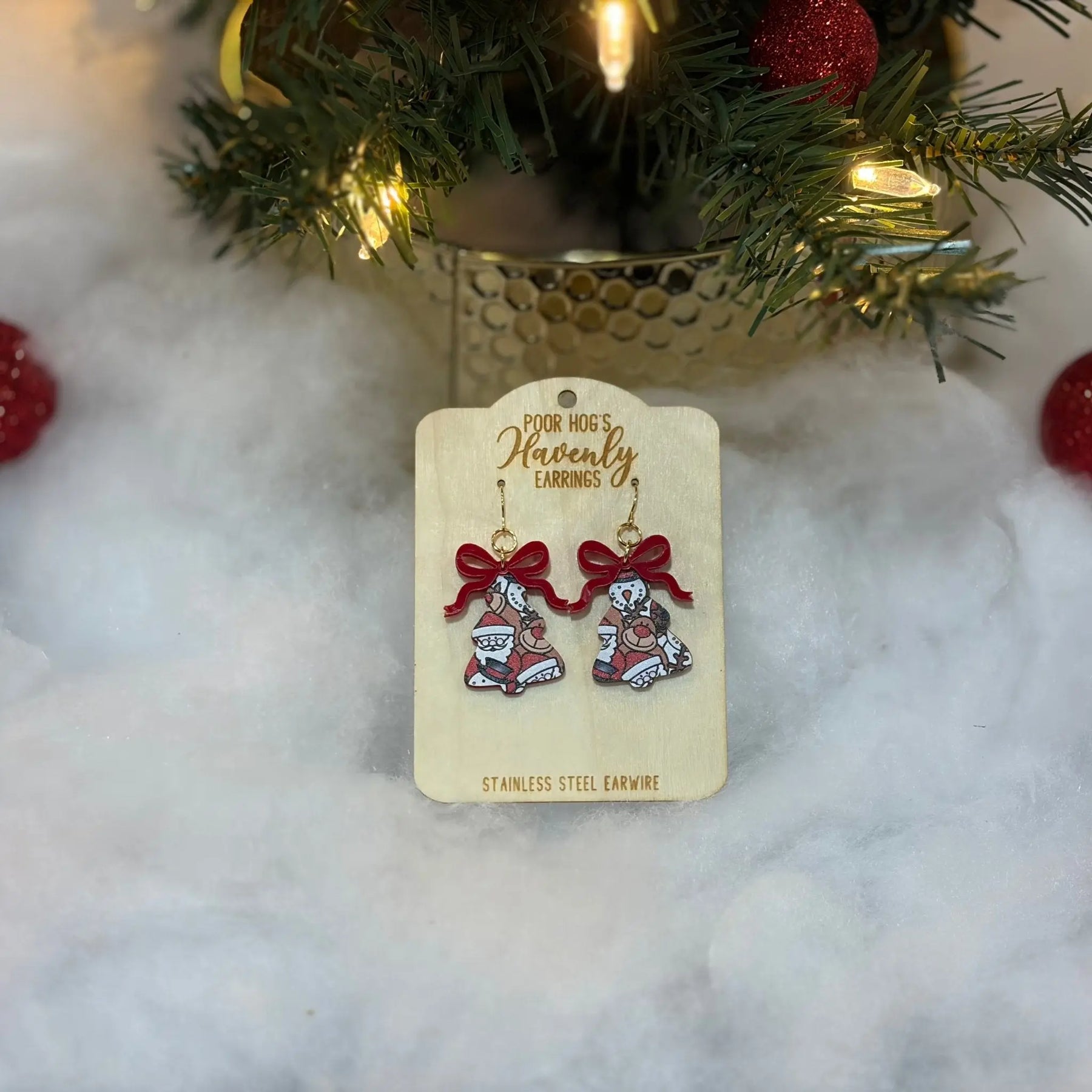 Festive Christmas Tree Earrings by Poor Hog Customs, handmade jewelry detail photo 6