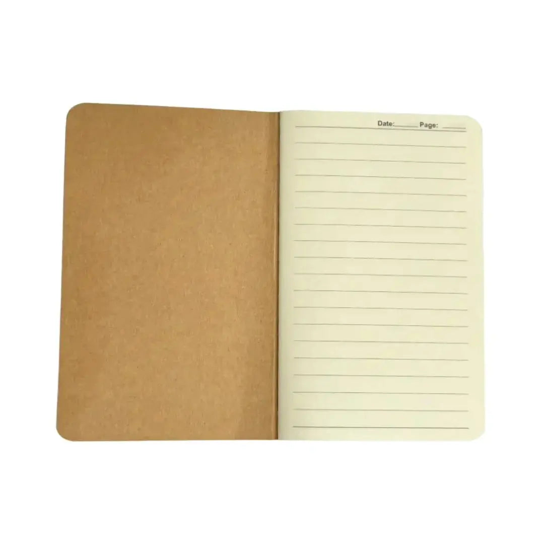Open notebook with lined cream pages and brown cover.