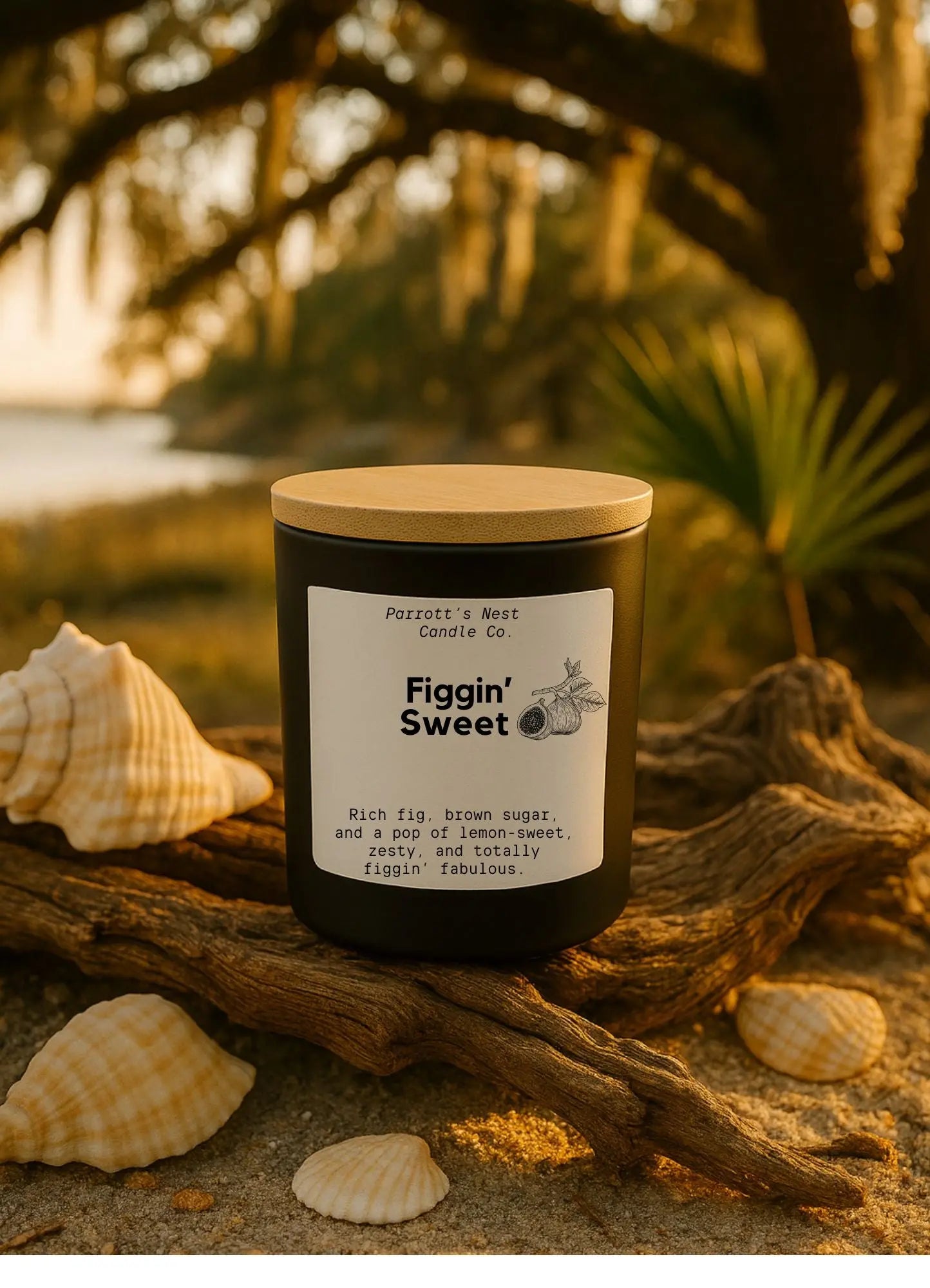 Figgin' Sweet Soy Candle by Parrott's Nest: Fig & Lemon Scent on Beach with Seashells. Shop Now!