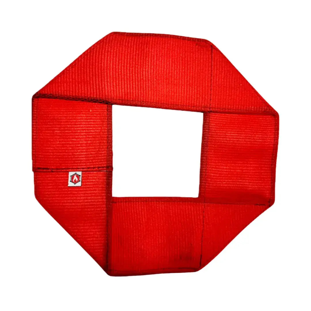 Red octagonal fire hose dog frisbee with a square opening in the center.