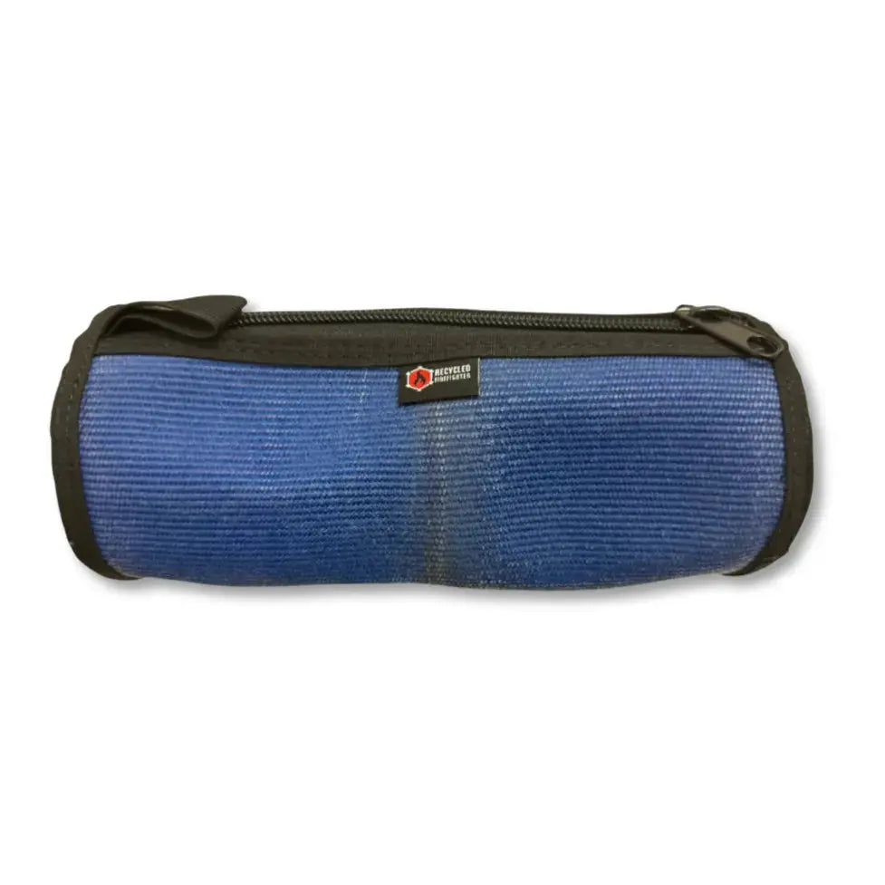 Blue cylindrical toiletry bag made from recycled fire hose with zipper