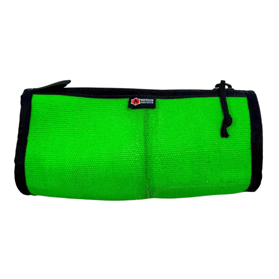 Bright green "Recycled Firefighter" toiletry bag with black trim and zipper.