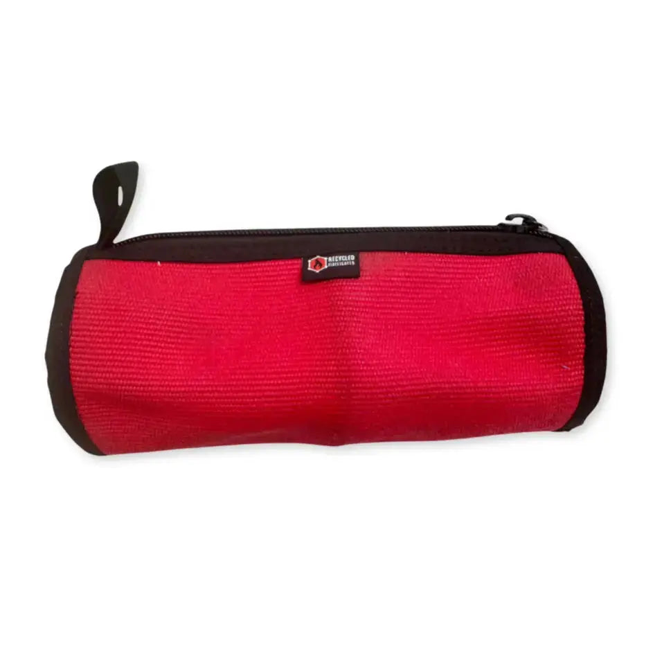Red fire hose dopp kit with black trim and zipper