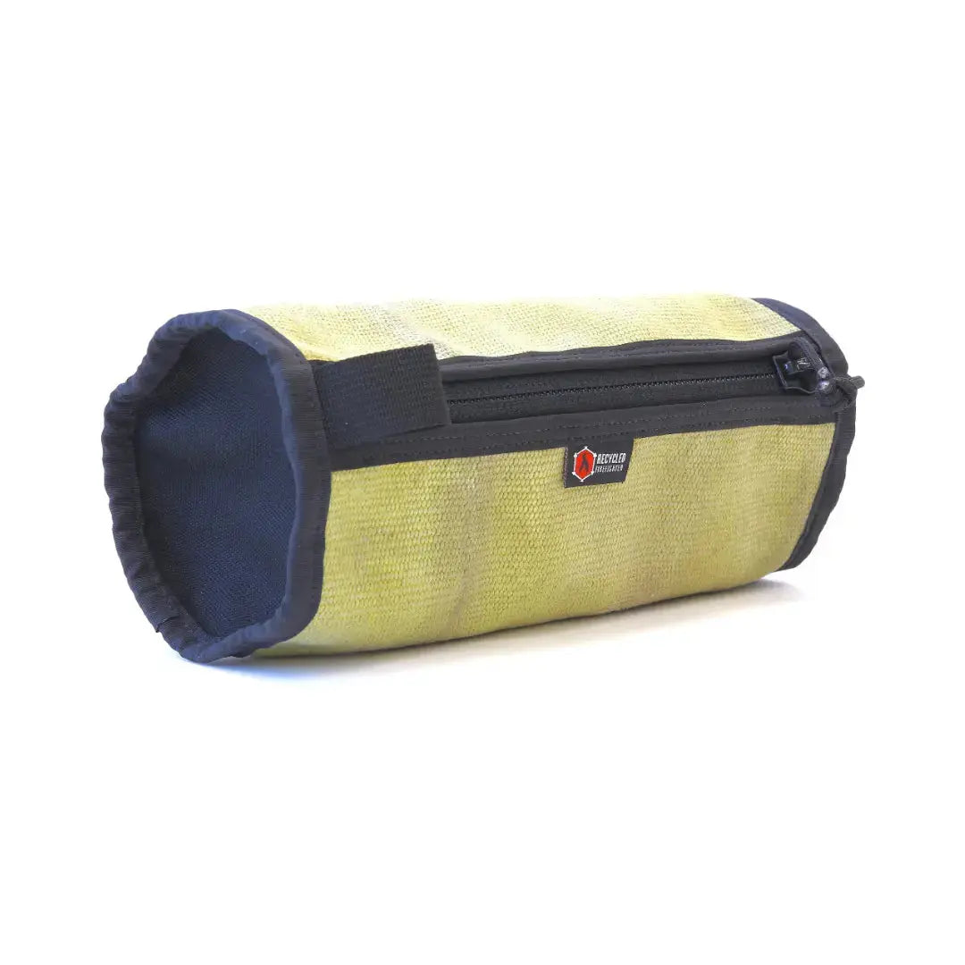 Yellow fire hose dopp kit cylindrical toiletry bag with black zipper