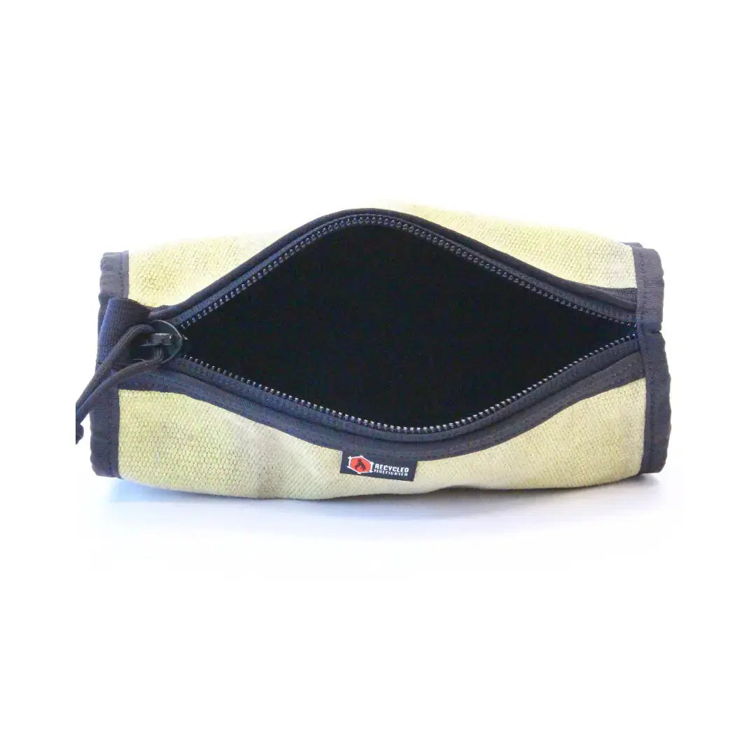 Open fire hose dopp kit with black interior and gray trim