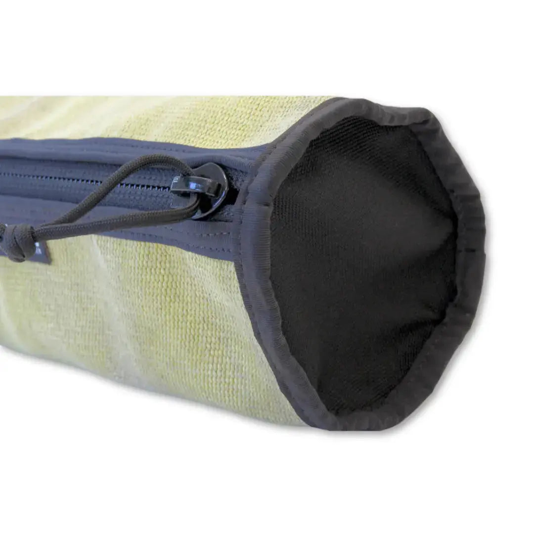 Yellow toiletry bag made from fire hose fabric with a black zipper and interior.