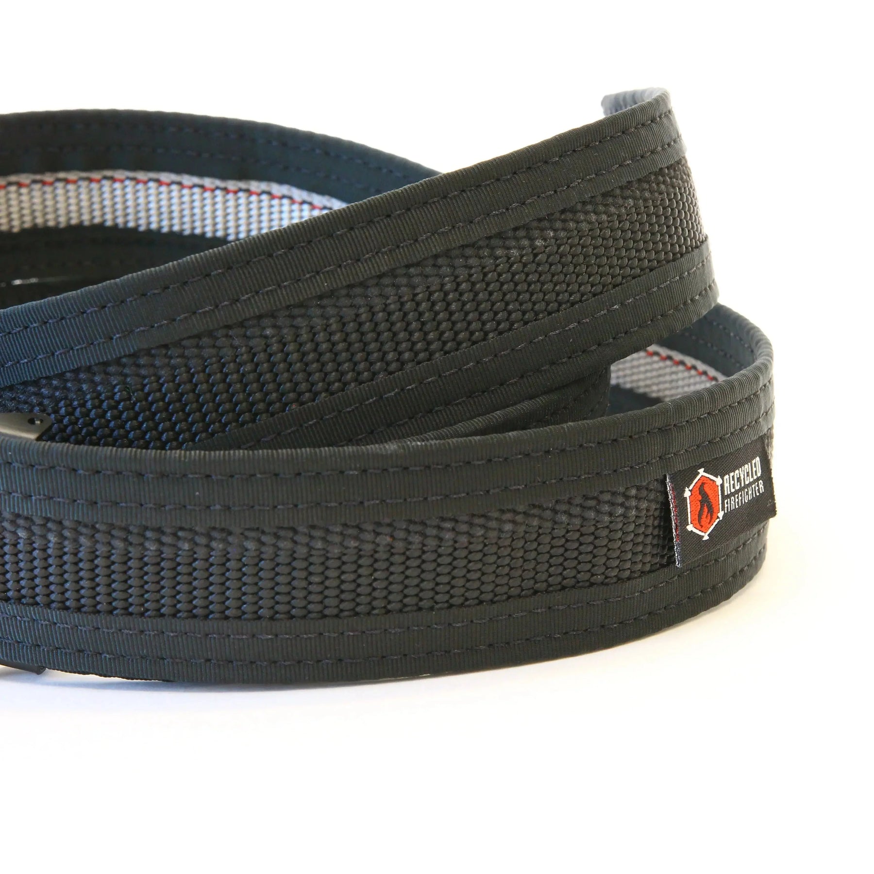 Black fire hose EDC belt with Recycled Firefighter logo and textured weave