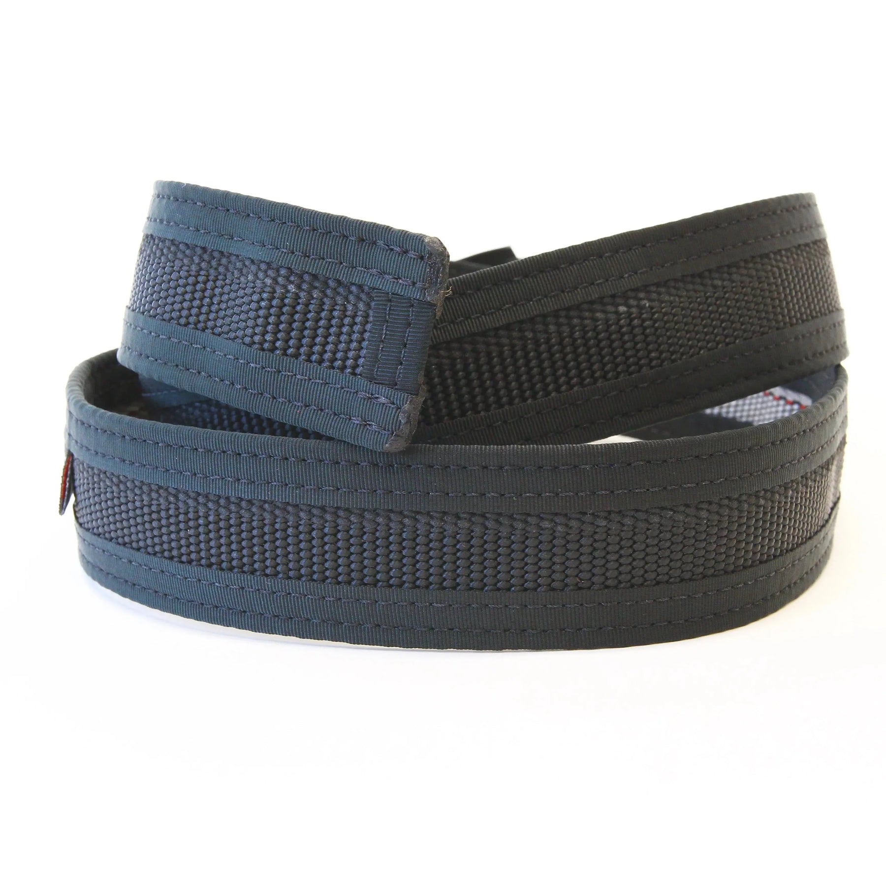 Dark grey fire hose EDC belt with textured panels and stitched edges