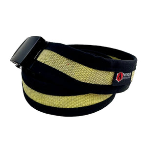 Black buckle fire hose EDC belt with yellow and black stripes.