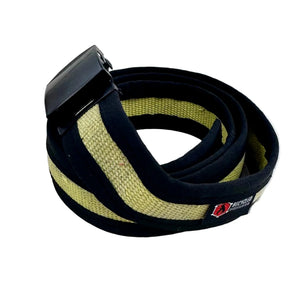 Black and tan recycled fire hose belt with a black buckle.