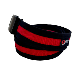 Red and black striped fire hose EDC belt with a black buckle.