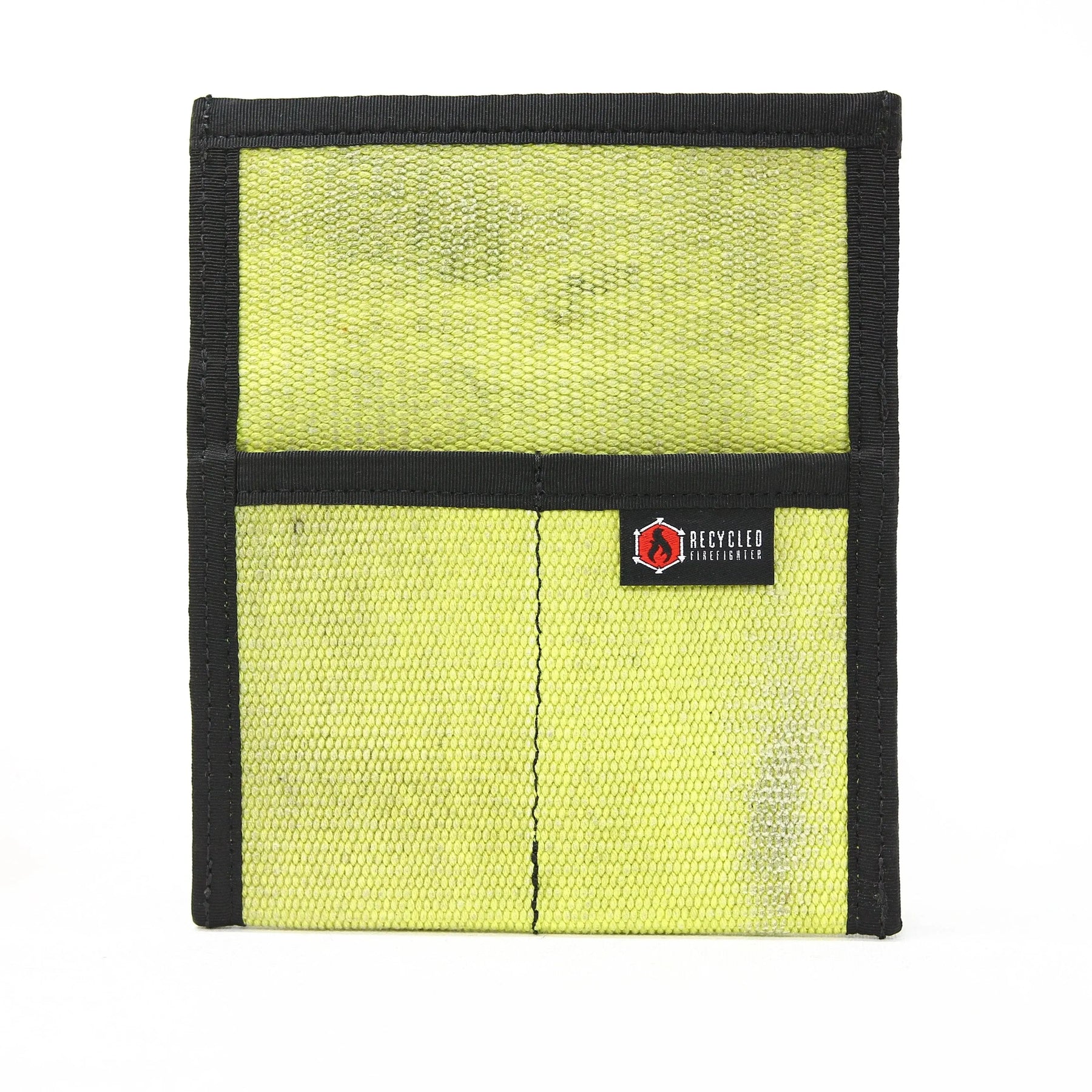 Neon yellow fire hose tool pouch with black trim and logo