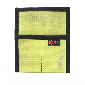 Neon yellow fire hose tool pouch with black trim and logo