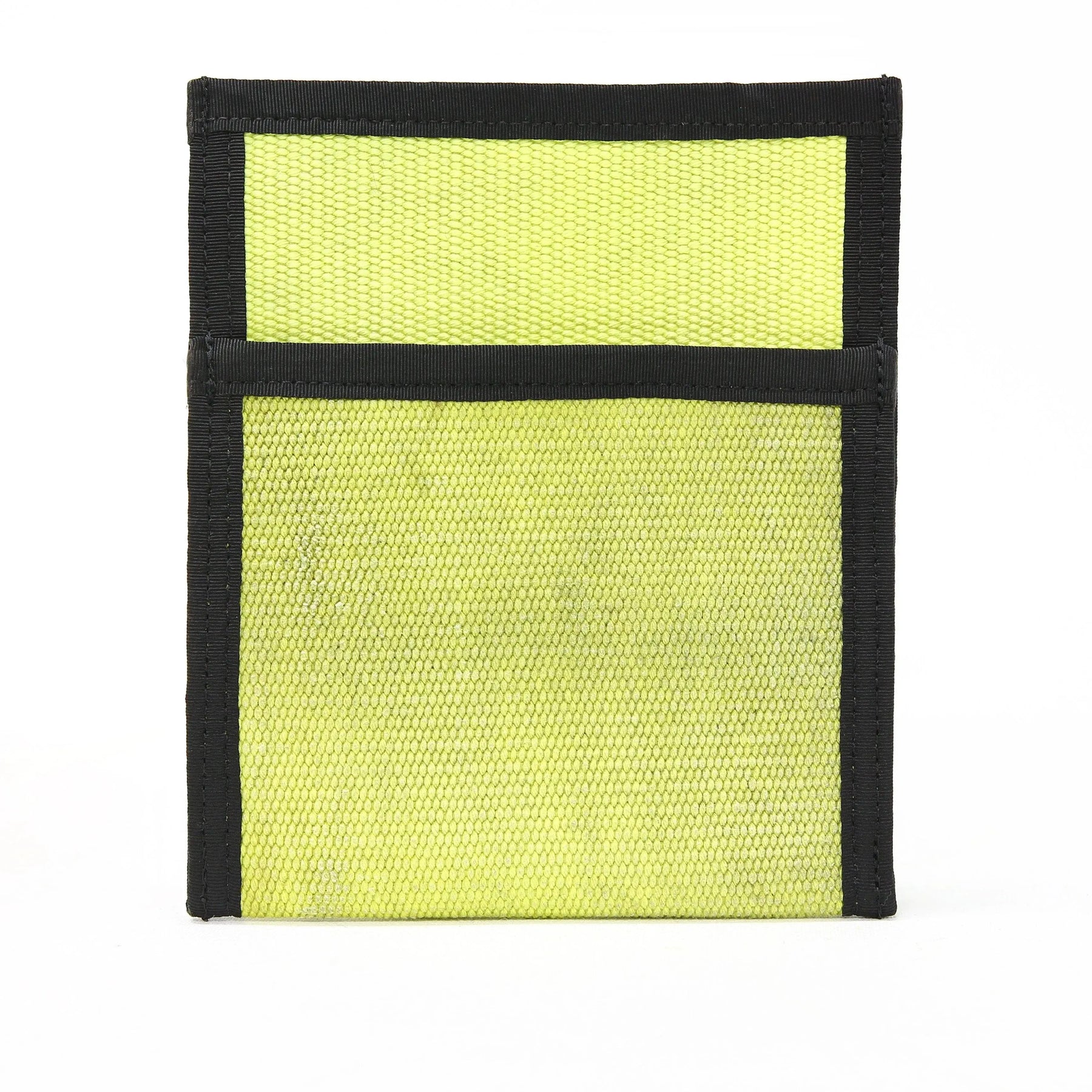 Neon yellow fire hose pouch with black binding and two pockets