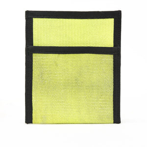 Neon yellow fire hose pouch with black binding and two pockets