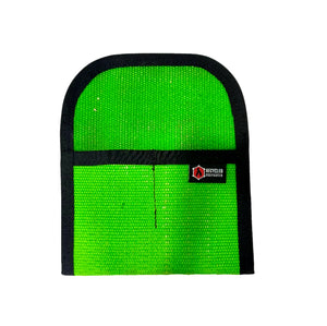 Green fire hose tool pouch with black trim and a Recycled Firefighter logo.