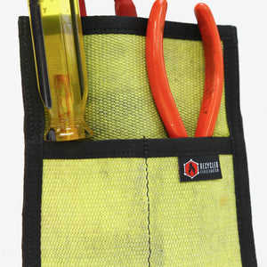 Yellow fire hose tool pouch holding a screwdriver and pliers with Recycled Firefighter logo.