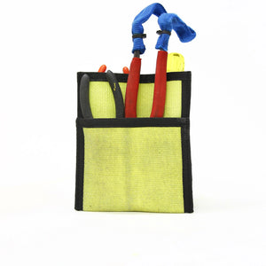 Yellow and black fire hose tool pouch with red and black tool handles visible.