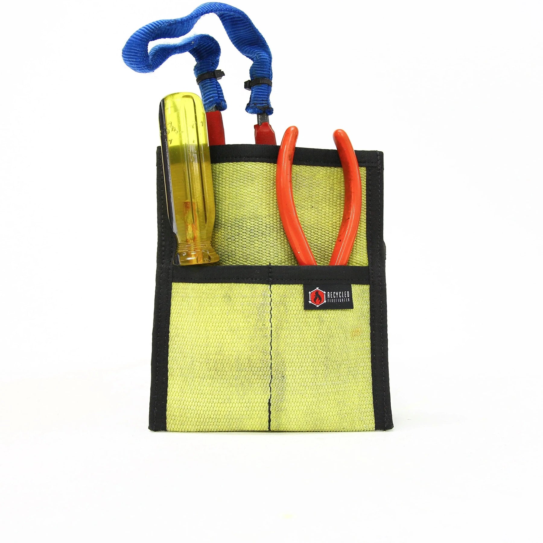 Yellow recycled fire hose tool pouch with red-handled tools inside.