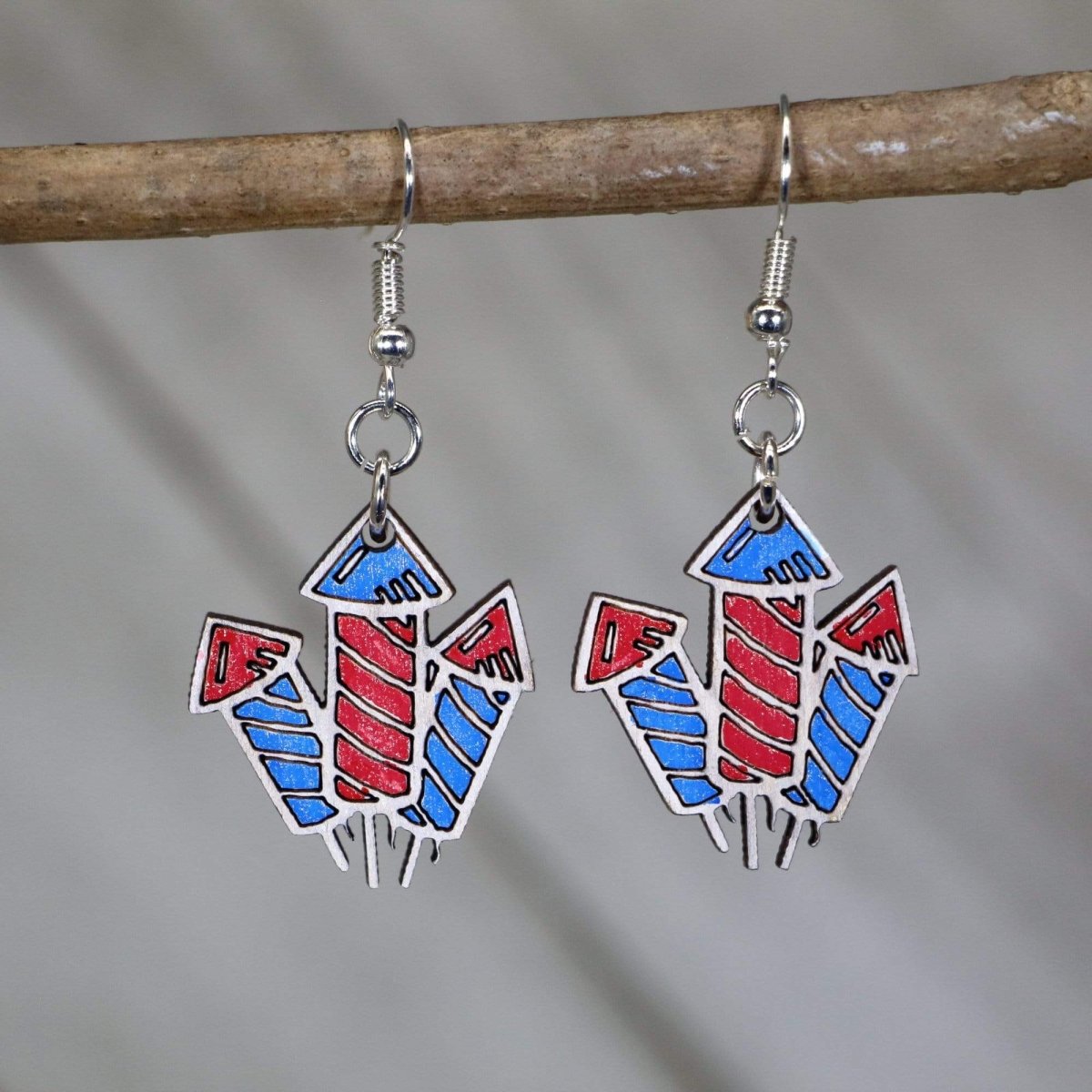 Fireworks Wooden Earrings | Patriotic Fourth of July Jewelry by Cate's Concepts, LLC, handmade jewelry main product photo
