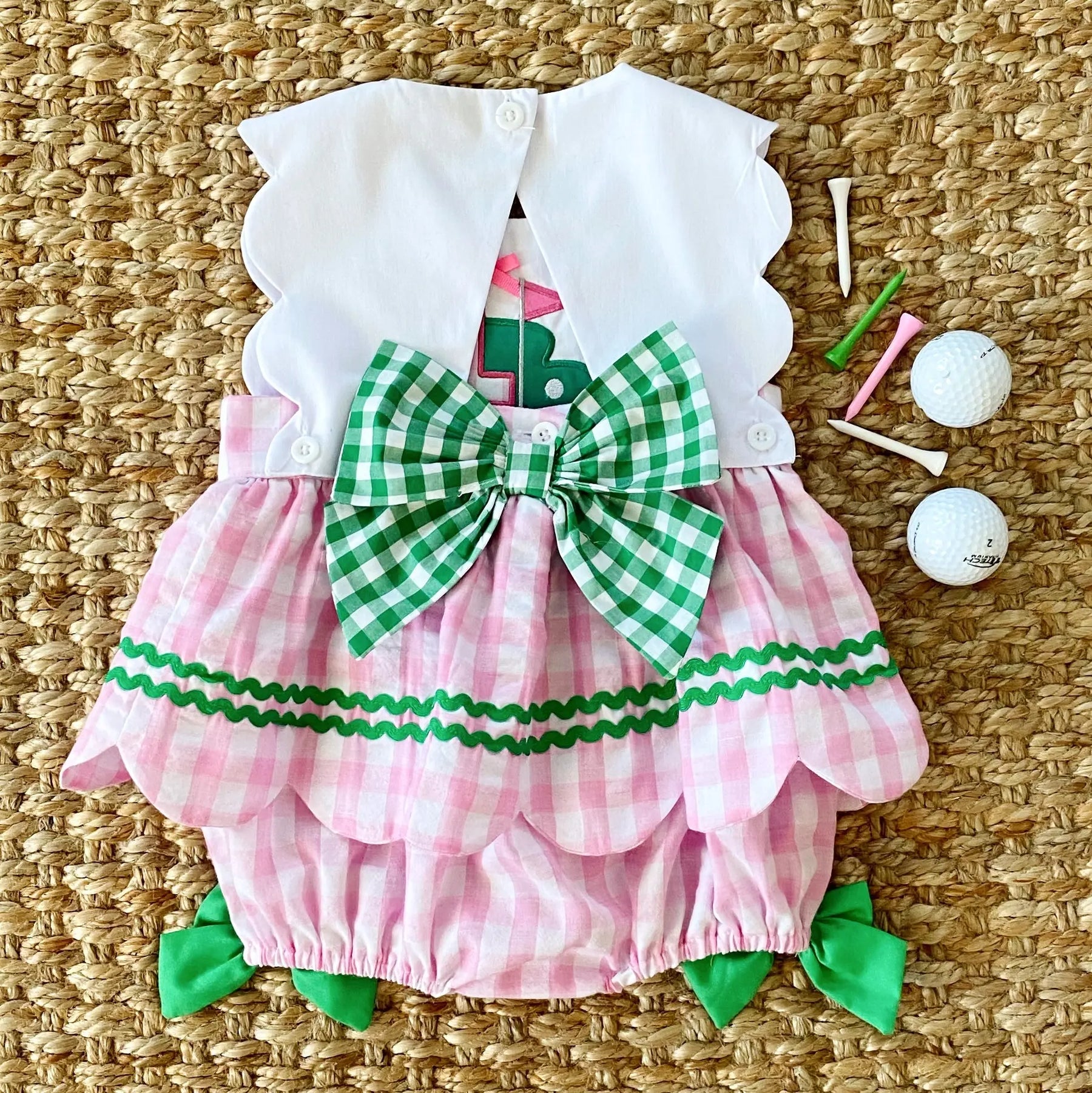 First Birthday Golf Bubble for Girls – Reversible Pink Gingham Skirted Bubble Outfit Seven Lantern Lane