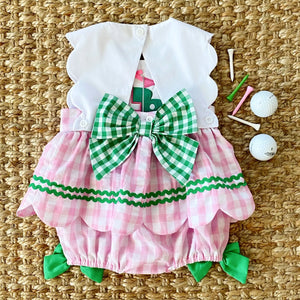 First Birthday Golf Bubble for Girls – Reversible Pink Gingham Skirted Bubble Outfit Seven Lantern Lane