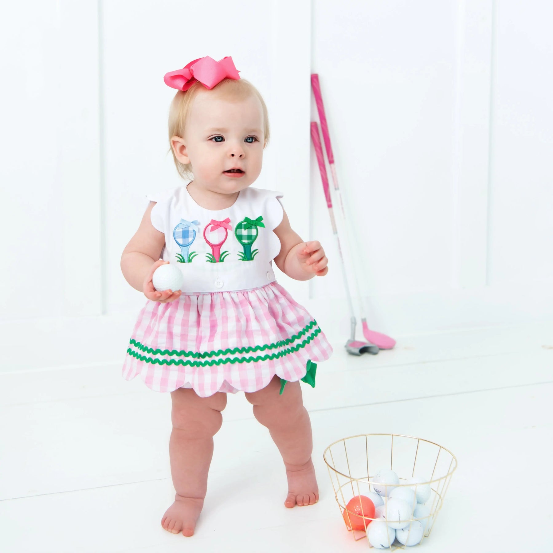 First Birthday Golf Bubble for Girls – Reversible Pink Gingham Skirted Bubble Outfit Seven Lantern Lane
