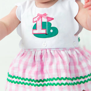 First Birthday Golf Bubble for Girls – Reversible Pink Gingham Skirted Bubble Outfit Seven Lantern Lane