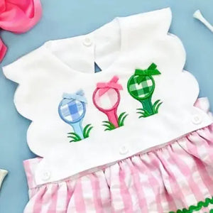 First Birthday Golf Bubble for Girls – Reversible Pink Gingham Skirted Bubble Outfit Seven Lantern Lane