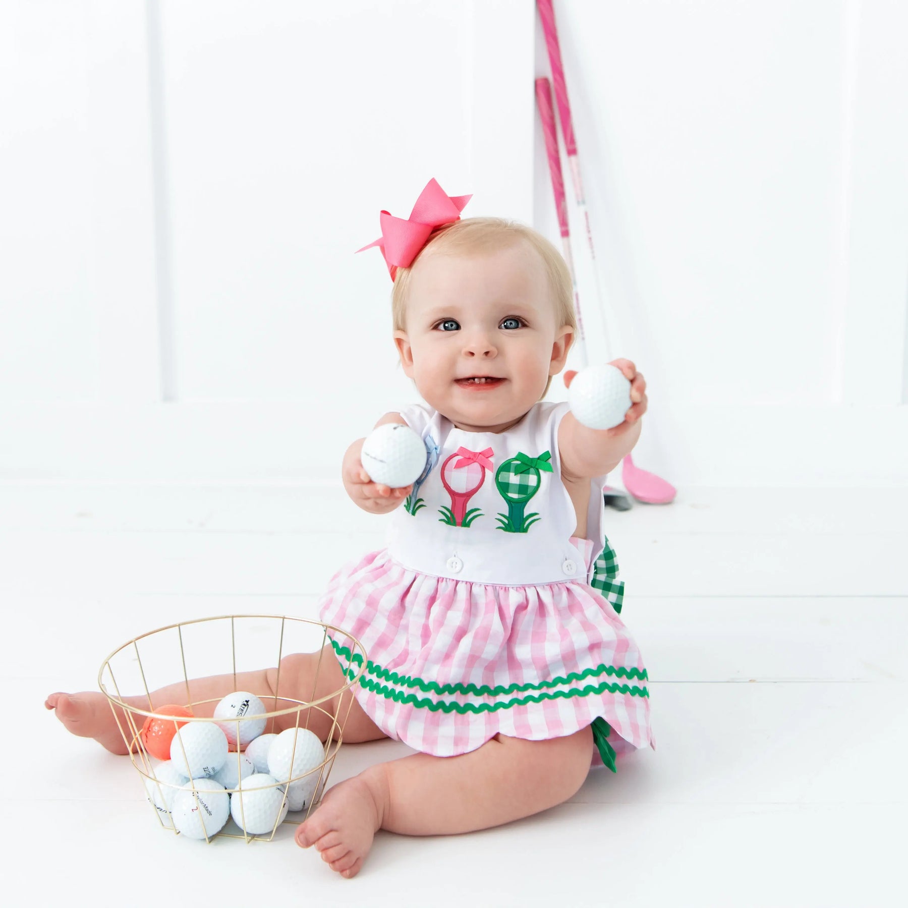 First Birthday Golf Bubble for Girls – Reversible Pink Gingham Skirted Bubble Outfit Seven Lantern Lane