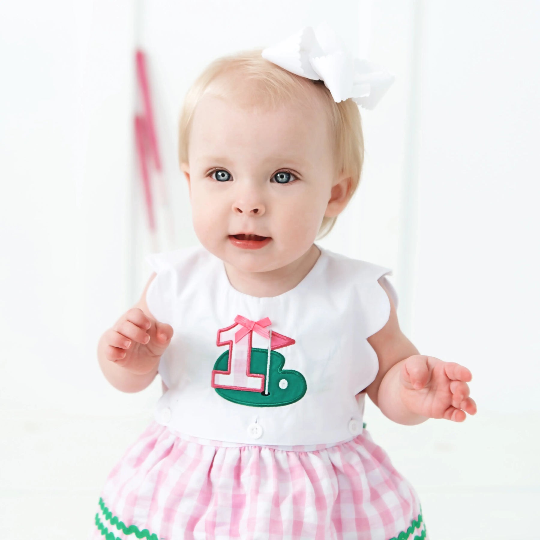 First Birthday Golf Bubble for Girls – Reversible Pink Gingham Skirted Bubble Outfit Seven Lantern Lane