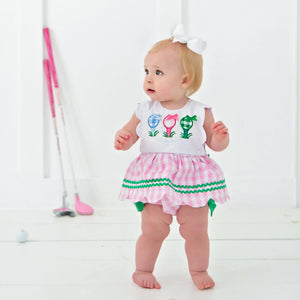 First Birthday Golf Bubble for Girls – Reversible Pink Gingham Skirted Bubble Outfit Seven Lantern Lane