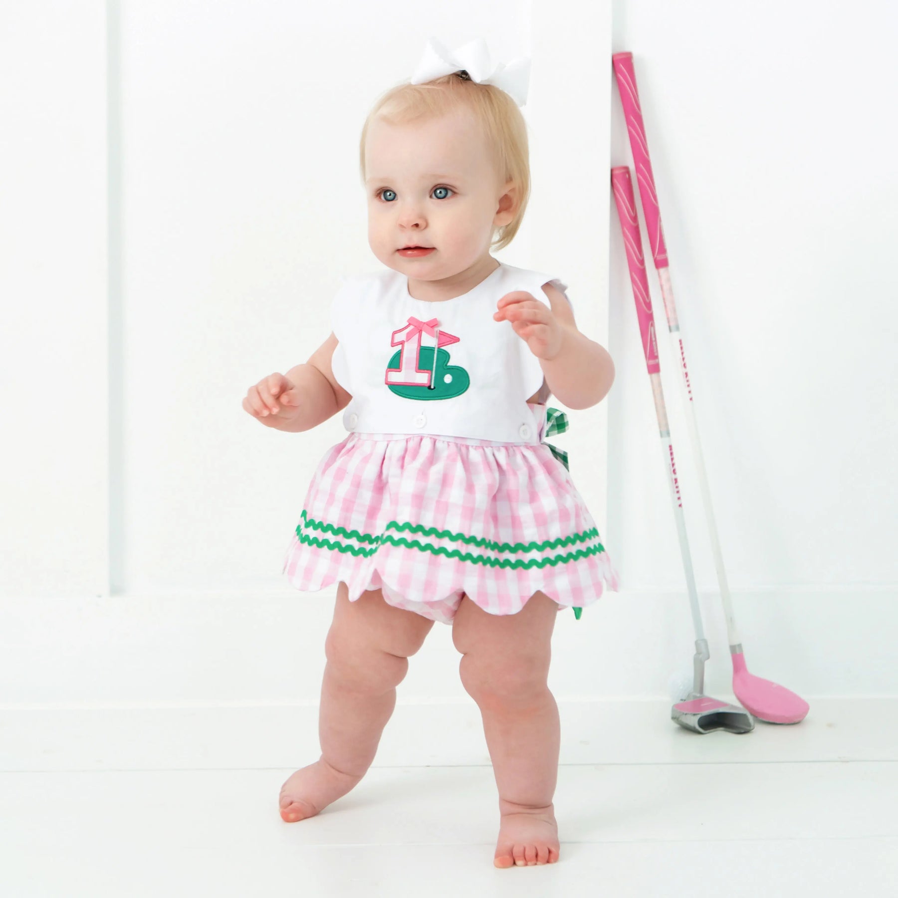 First Birthday Golf Bubble for Girls – Reversible Pink Gingham Skirted Bubble Outfit Seven Lantern Lane