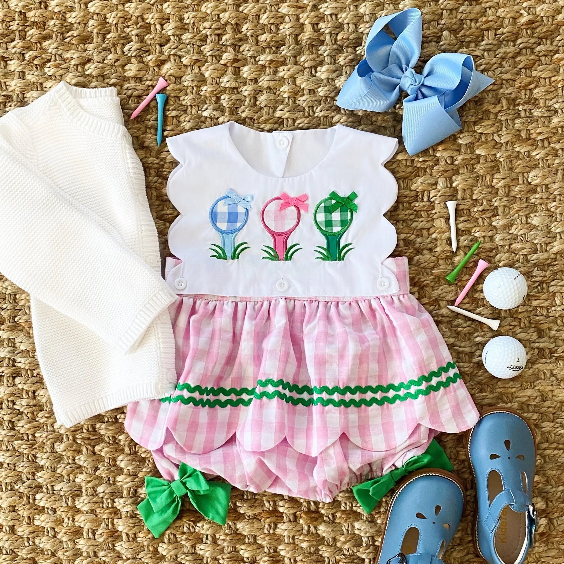 First Birthday Golf Bubble for Girls – Reversible Pink Gingham Skirted Bubble Outfit Seven Lantern Lane