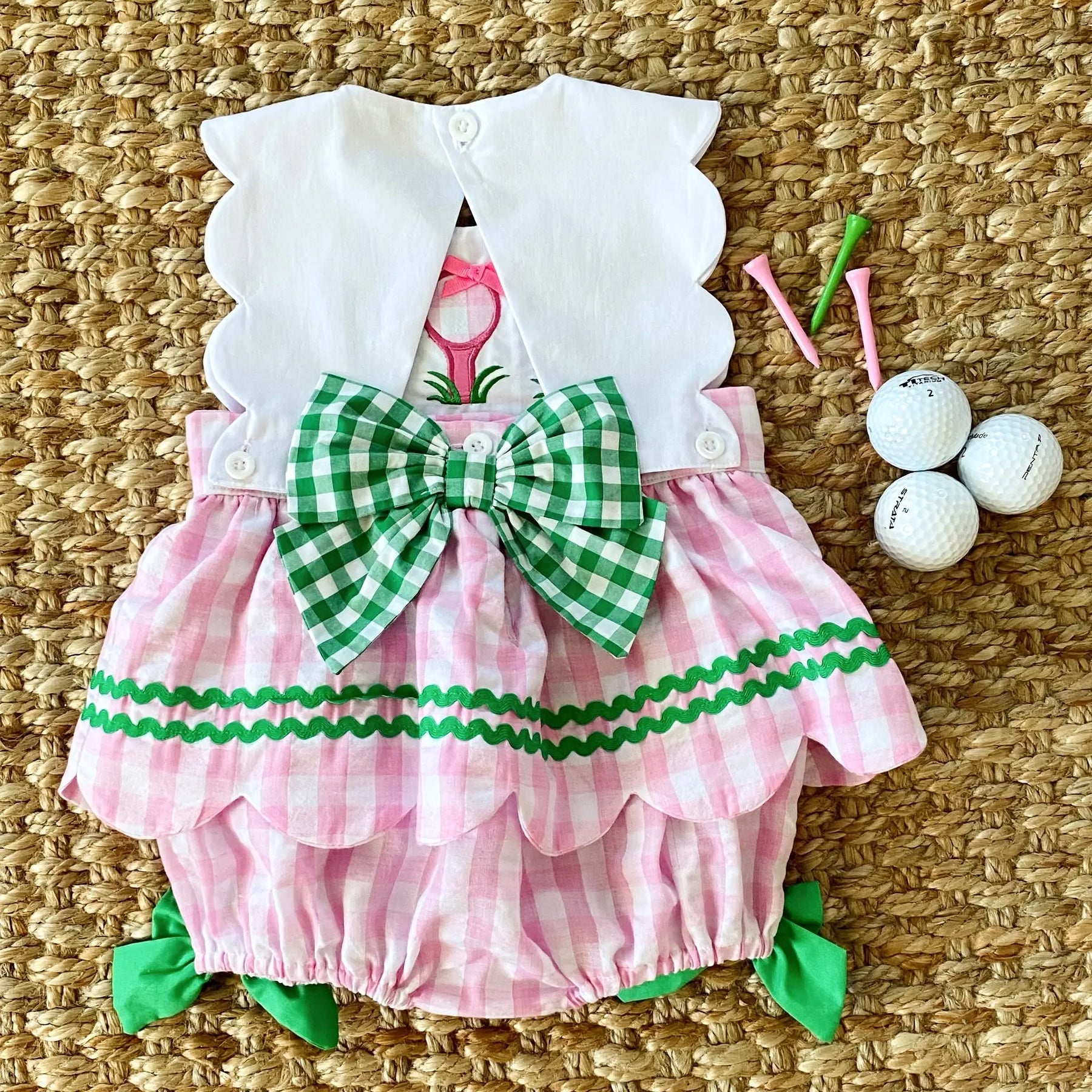 First Birthday Golf Bubble for Girls – Reversible Pink Gingham Skirted Bubble Outfit Seven Lantern Lane