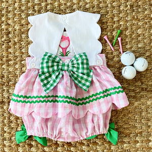 First Birthday Golf Bubble for Girls – Reversible Pink Gingham Skirted Bubble Outfit Seven Lantern Lane