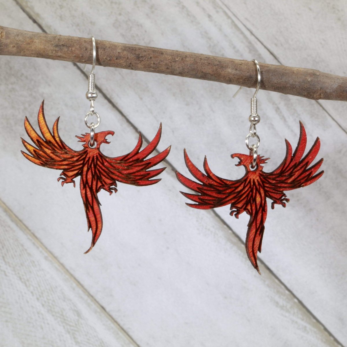 Flaming Phoenix Wooden Dangle Earrings | Mythical Fire Bird Jewelry
