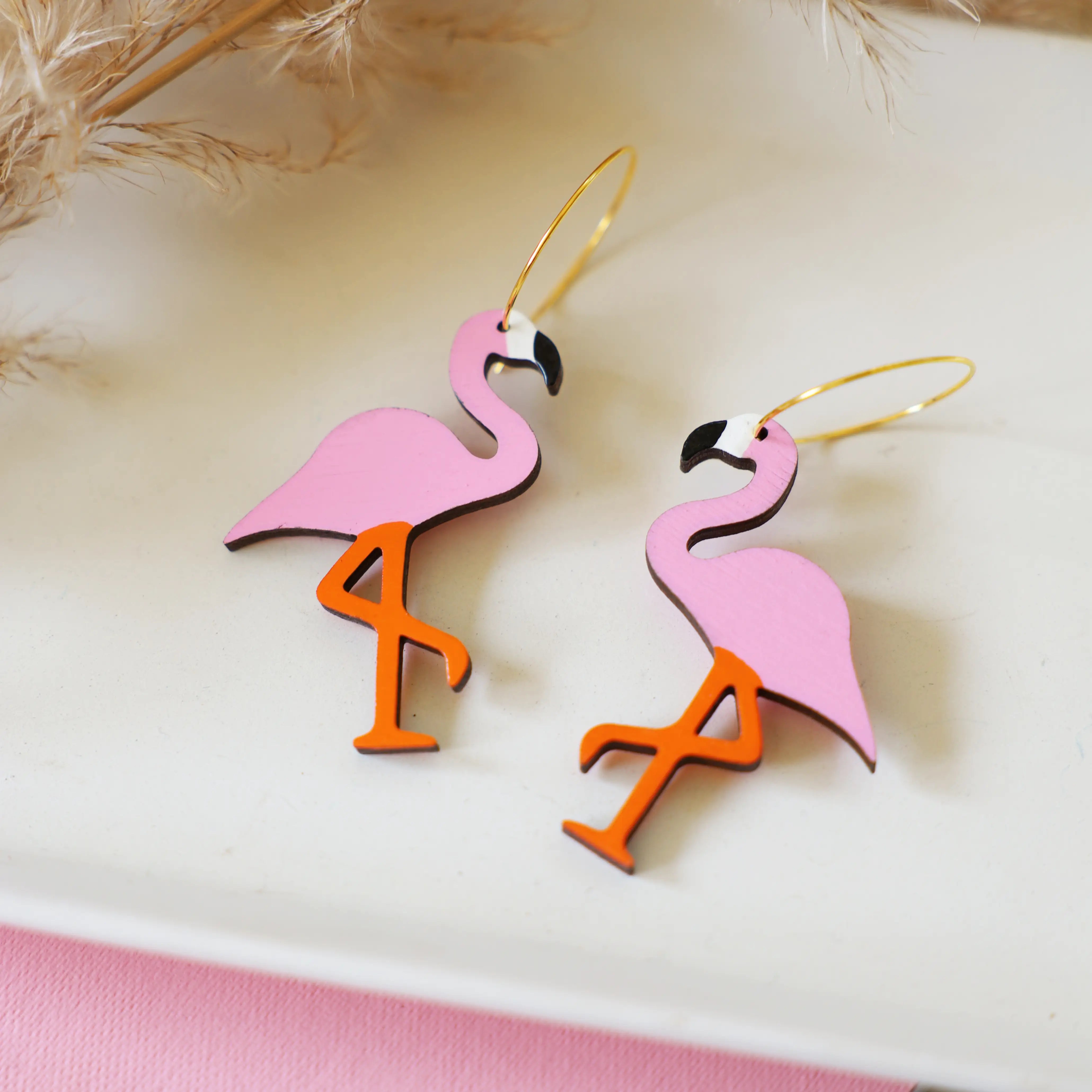 Pink Pastel Flamingo Hoop Earrings hand painted on lightweight wood by LE CHIC MIAMI