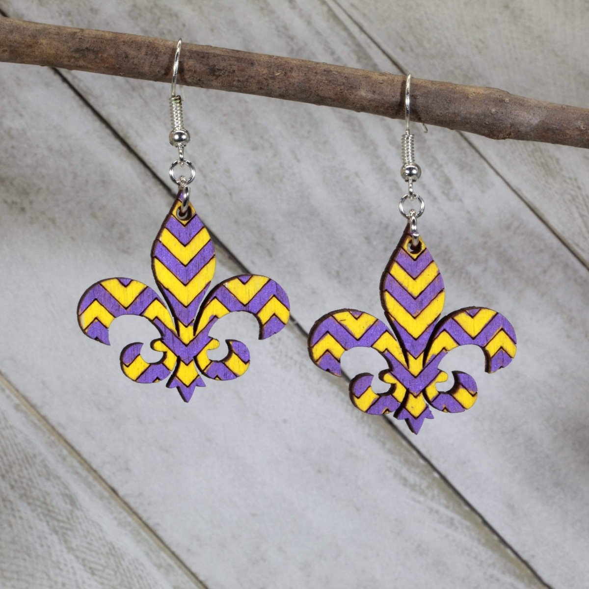 Fleur-de-Lis Wooden Earrings | Louisiana Purple Gold Jewelry by Cate's Concepts, LLC, handmade jewelry main product photo