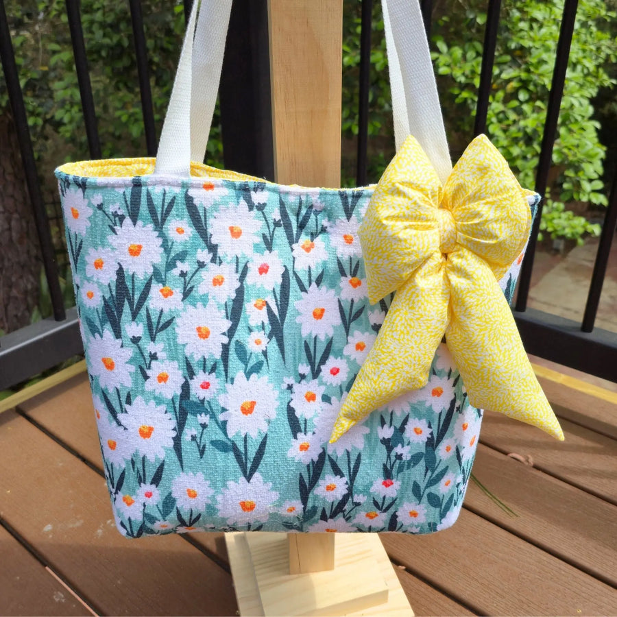 Floral Tote Bag with Bow Charm, Large Handmade Shoulder Bag, Cotton Lined Tote with Pockets