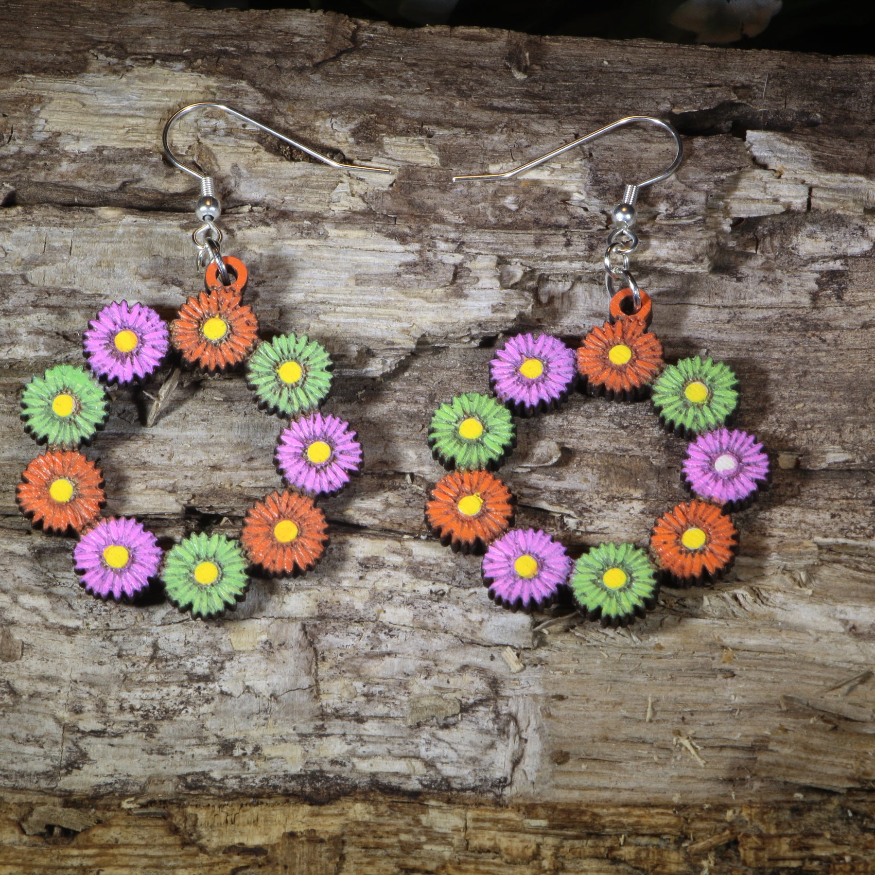 Floral Daisy Hoop Wooden Dangle Earrings | Spring Flower Jewelry
